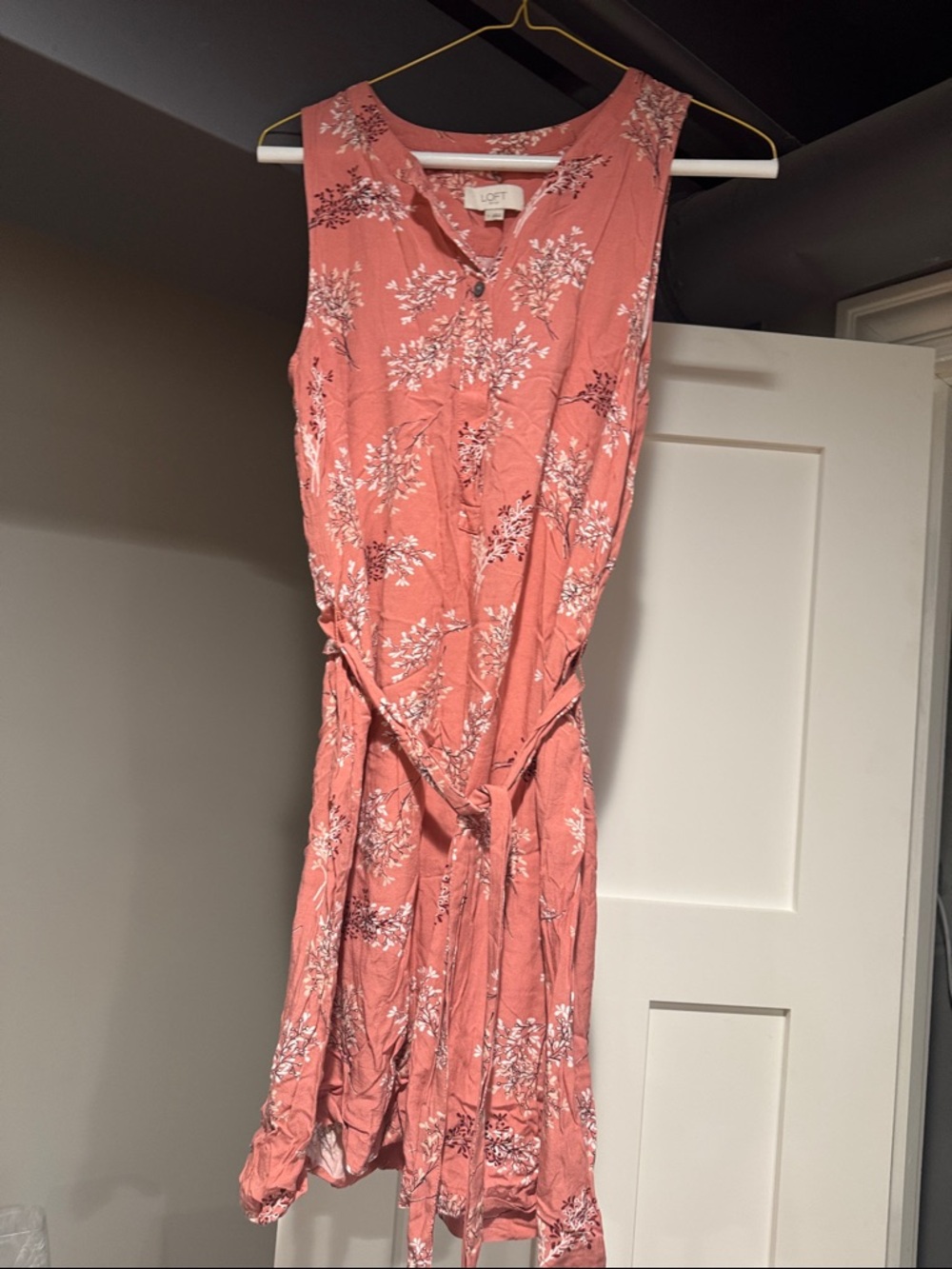 LOFT Coral Pink Floral Midi Tie-Waist Dress